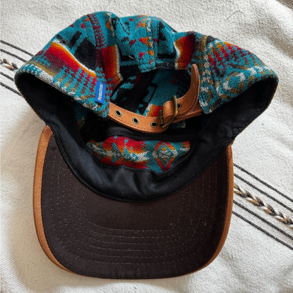 Pendleton Teal Patterned Wool Knit Cap with Brown Leather Brim- Like New - Picture 3 of 6